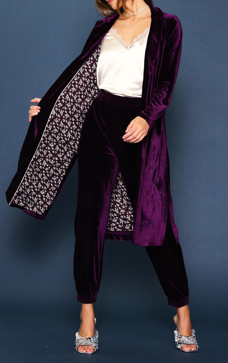Jane Long Sleeve Velvet Duster Coat with Printed Liner- Plum Purple