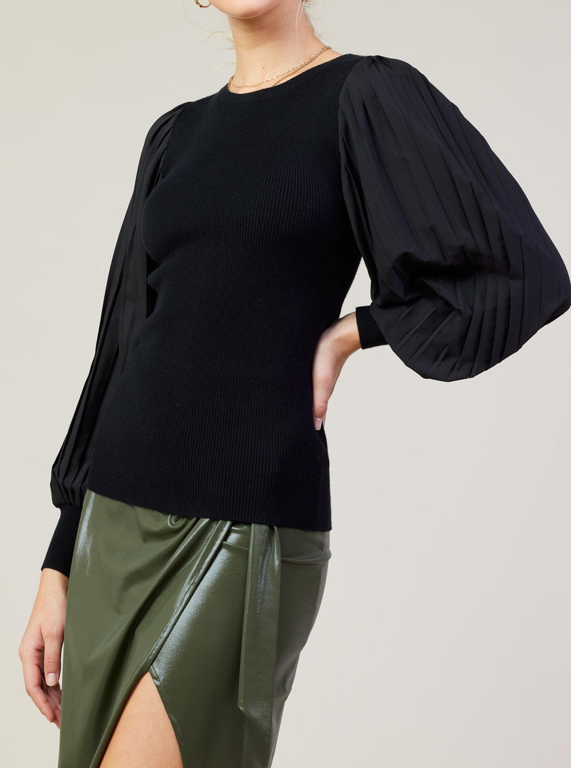 Corrin Mixed Media Pleated Long Sleeve Top- Black