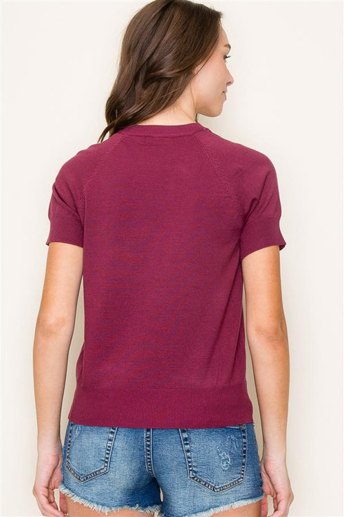 Evelyn Short Sleeve Crew Neck Sweater- Mulberry