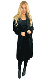 Jane Long Sleeve Velvet Duster Coat with Printed Liner- Black