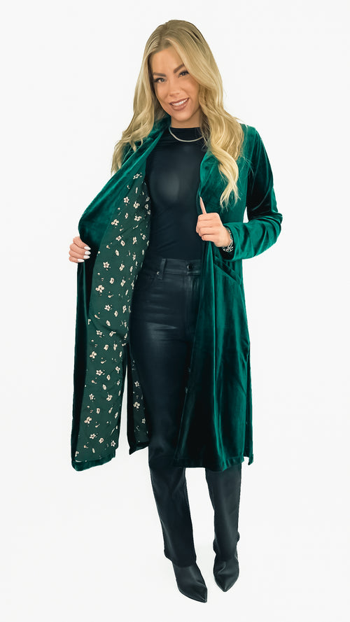 Jane Long Sleeve Velvet Duster Coat with Printed Liner- Hunter Green