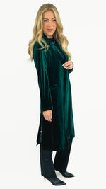 Jane Long Sleeve Velvet Duster Coat with Printed Liner- Hunter Green