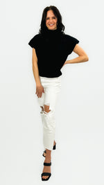 Rayne Wide Shoulder Turtleneck Short Sleeve Sweater Top- Black
