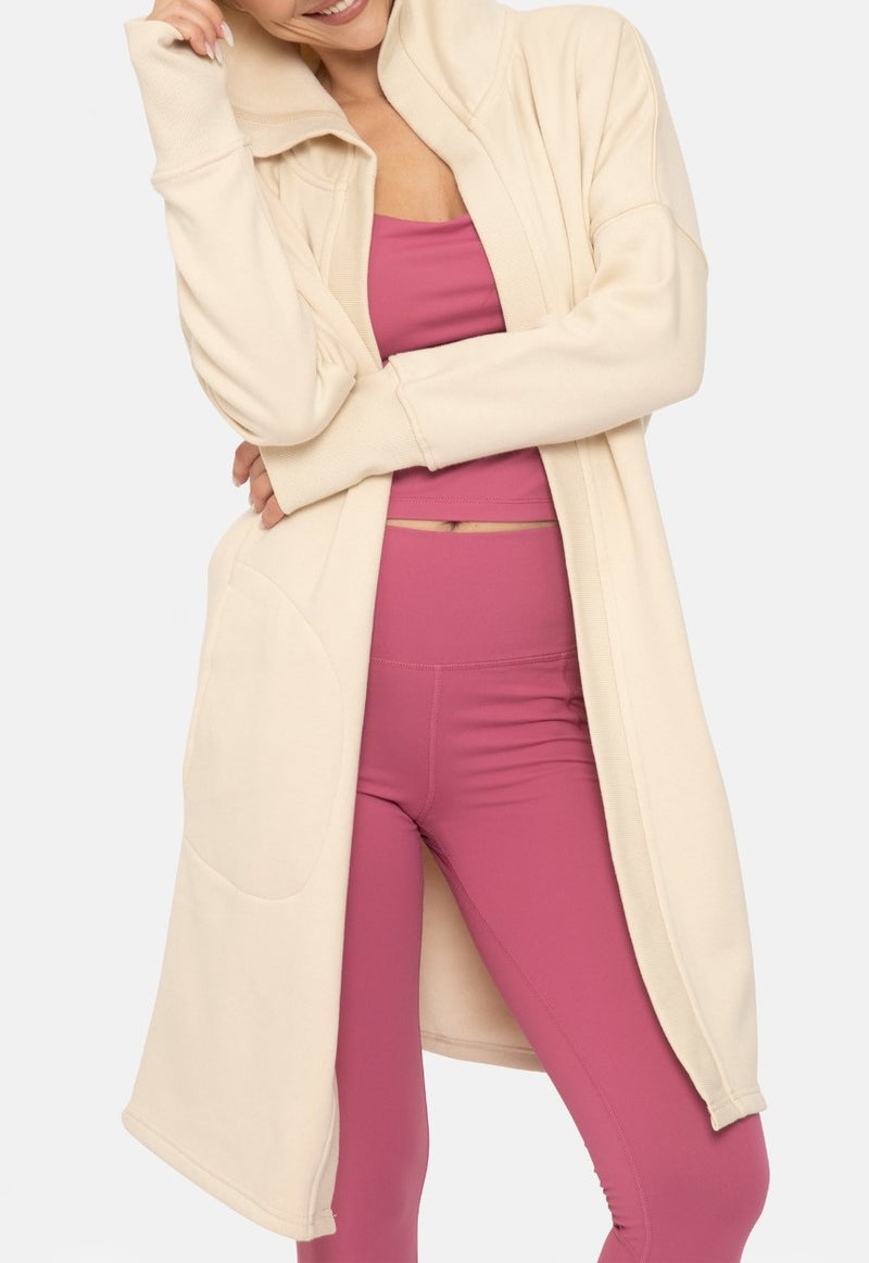 Elizabeth Longline Hoodie Cardigan with Fleece Lining- Champagne