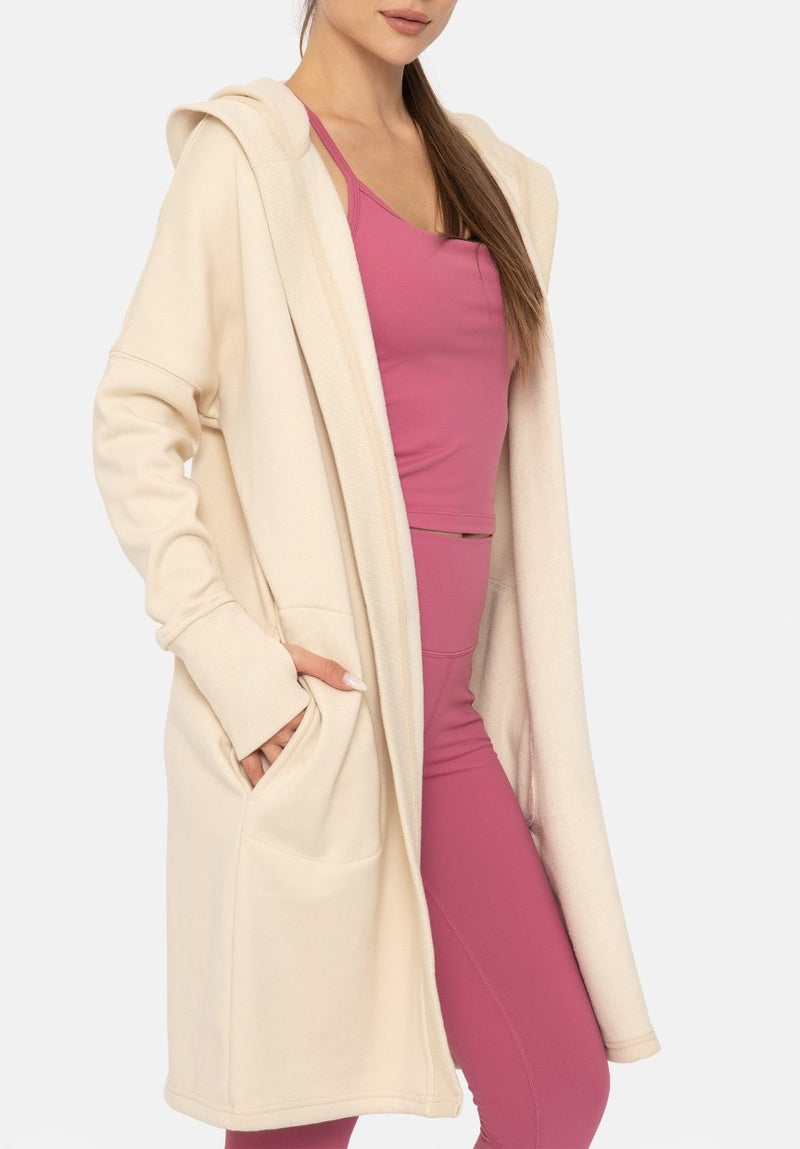 Elizabeth Longline Hoodie Cardigan with Fleece Lining- Champagne