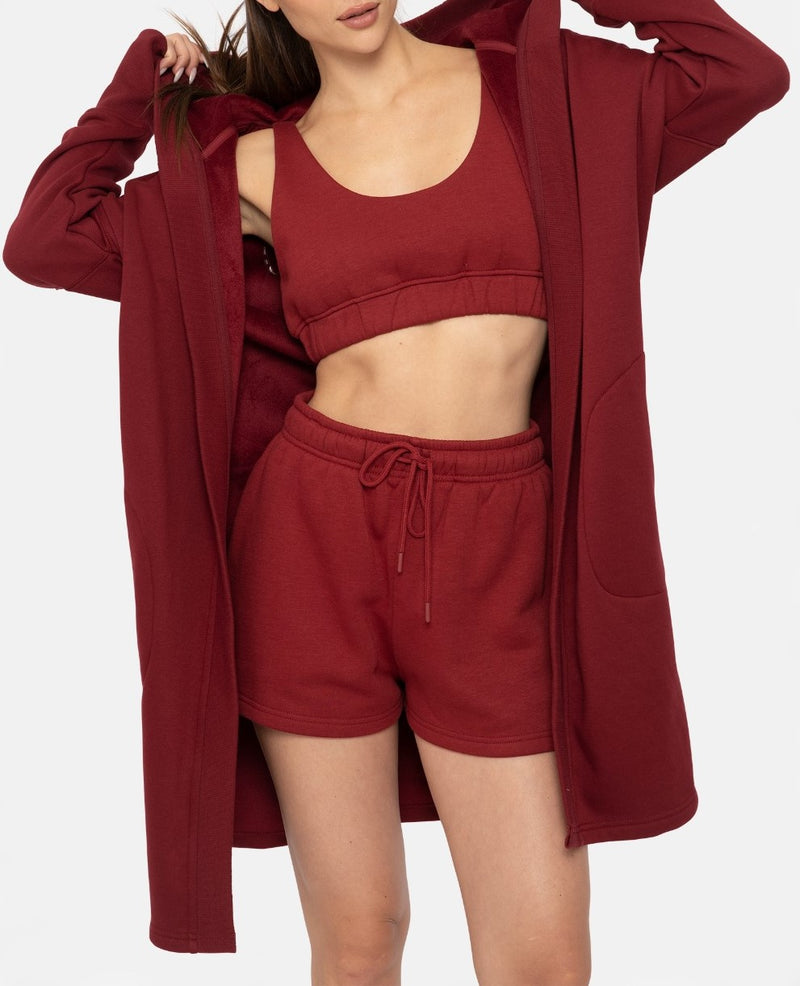 Elizabeth Longline Hoodie Cardigan with Fleece Lining- Red Velvet