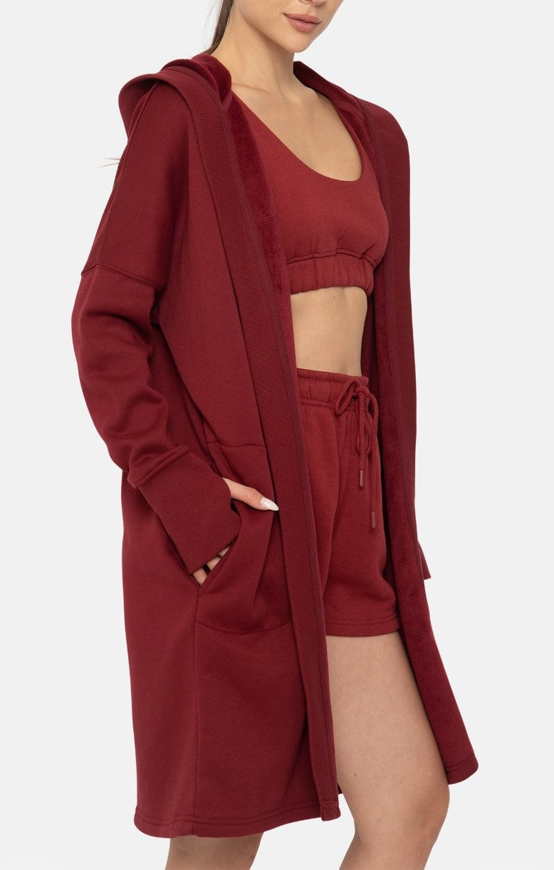 Elizabeth Longline Hoodie Cardigan with Fleece Lining- Red Velvet