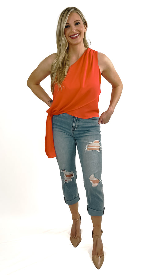 Kailey One Shoulder Sleeveless Top- Red
