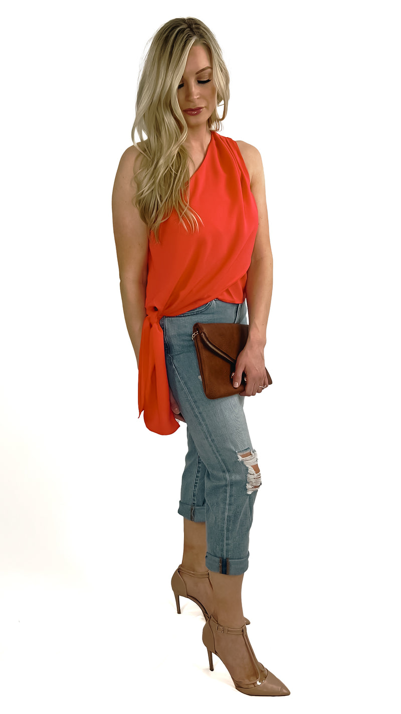 Kailey One Shoulder Sleeveless Top- Red