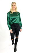 Rebekah Satin Balloon-Sleeve Blouse- Hunter Green (SIZE MEDIUM SOLD AS-IS)