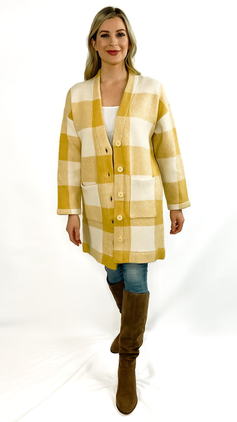 Shannon Long Sleeve Buffalo Check Midi Knit Coatigan- Yellow/Ivory