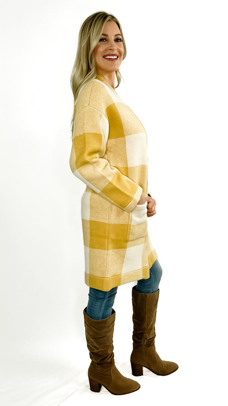 Shannon Long Sleeve Buffalo Check Midi Knit Coatigan- Yellow/Ivory