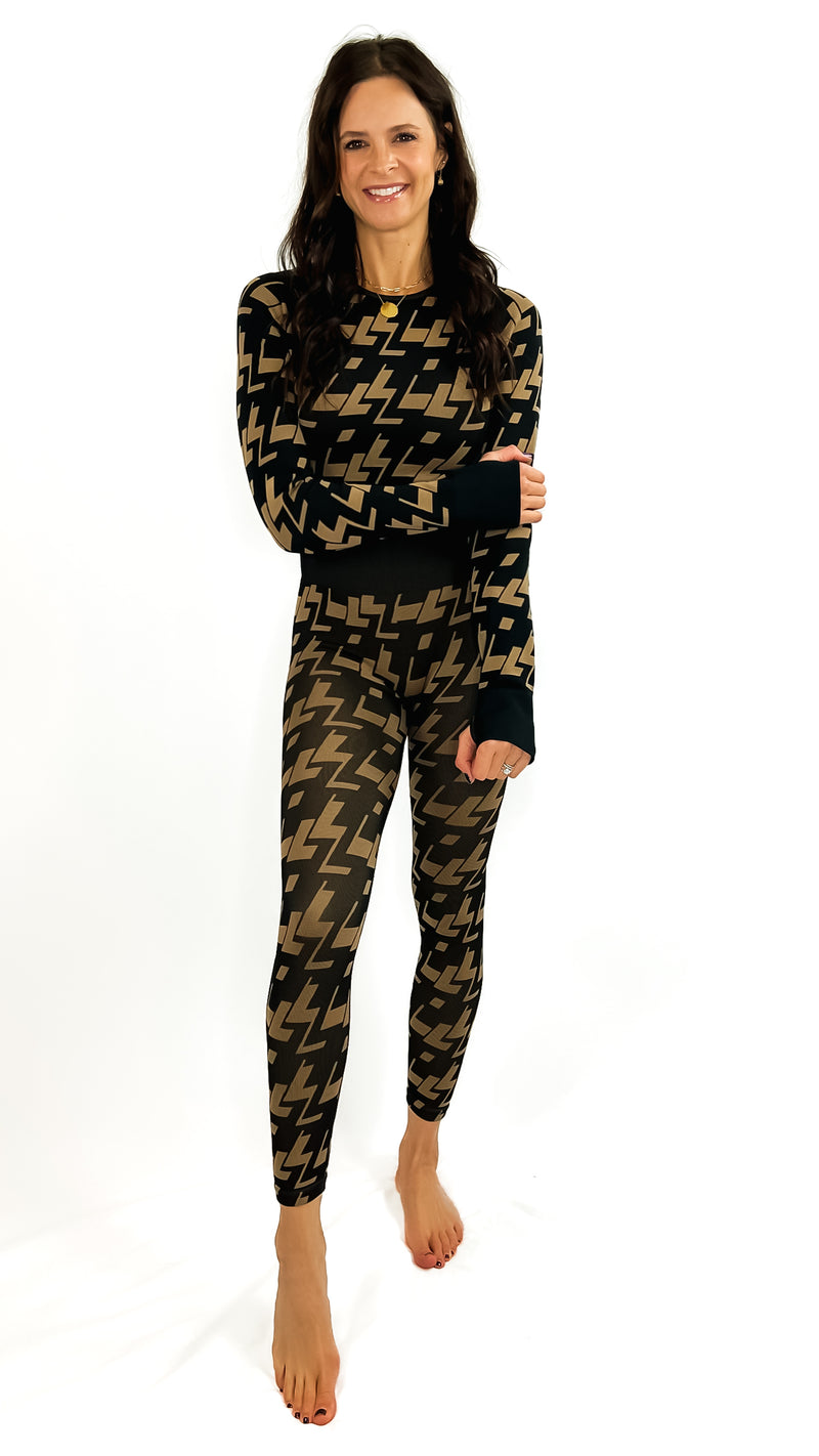Stacia Geometric Print Seamless Long Sleeve Top- Brown/Black